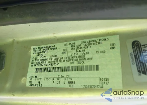 2004 Ford E-250 Commercial/Recreational from USA, damaged, VIN 1FTNE24W24HB50555